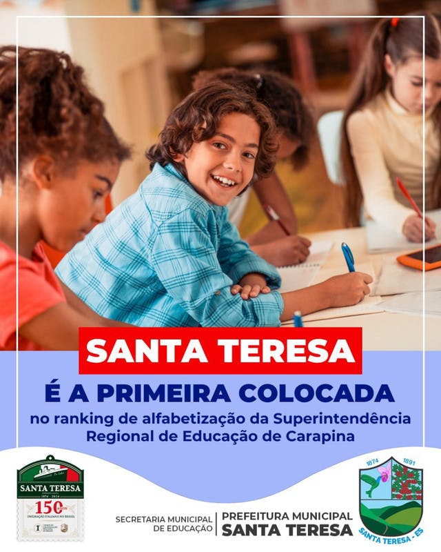 Santa Teresa é a primeira colocada no ranking de alfabetização da Secretaria Regional de Educação de Carapina.